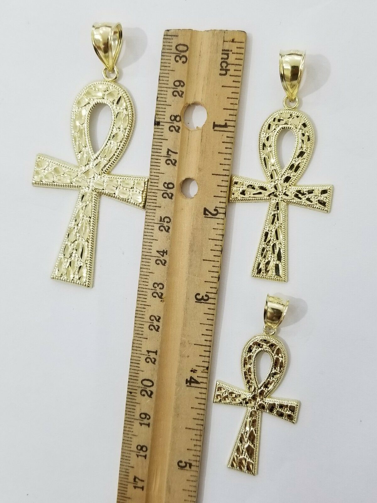 Real Gold Ankh Cross Charm Pendant 10k Yellow Gold Nugget Diamond Cuts Men Women - Reva Jeweler