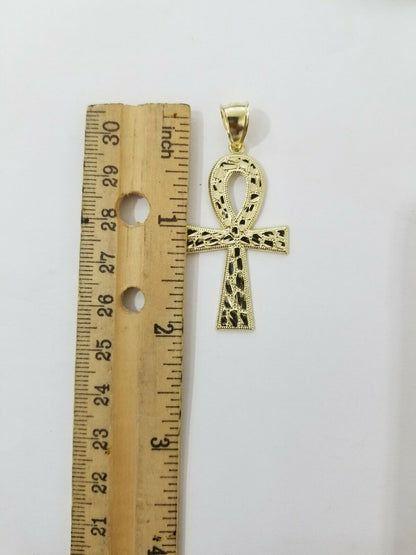 Real Gold Ankh Cross Charm Pendant 10k Yellow Gold Nugget Diamond Cuts Men Women - Reva Jeweler