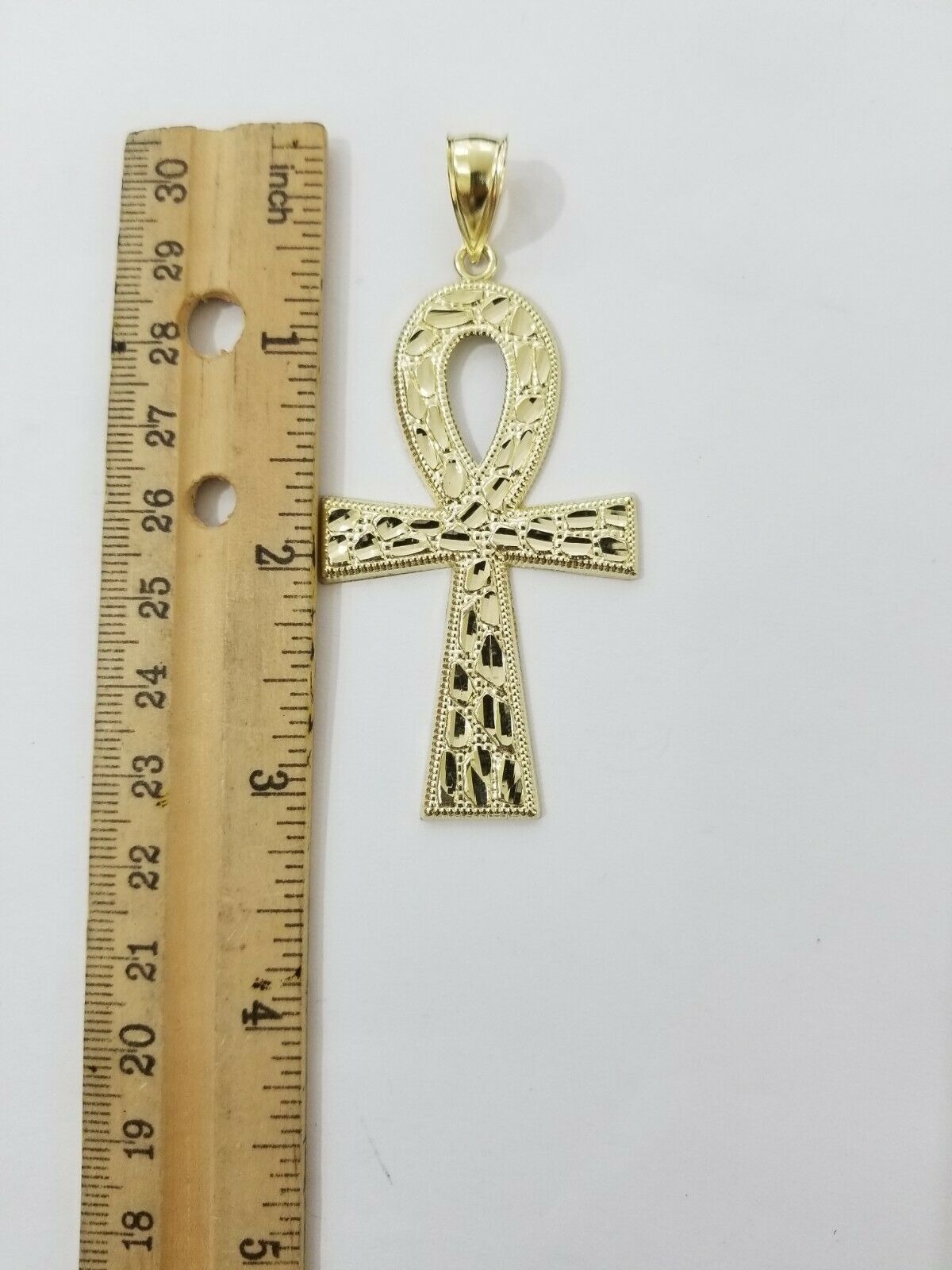 Real Gold Ankh Cross Charm Pendant 10k Yellow Gold Nugget Diamond Cuts Men Women - Reva Jeweler