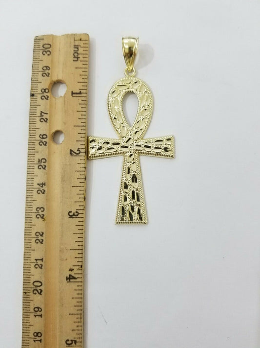 Real Gold Ankh Cross Charm Pendant 10k Yellow Gold Nugget Diamond Cuts Men Women - Reva Jeweler