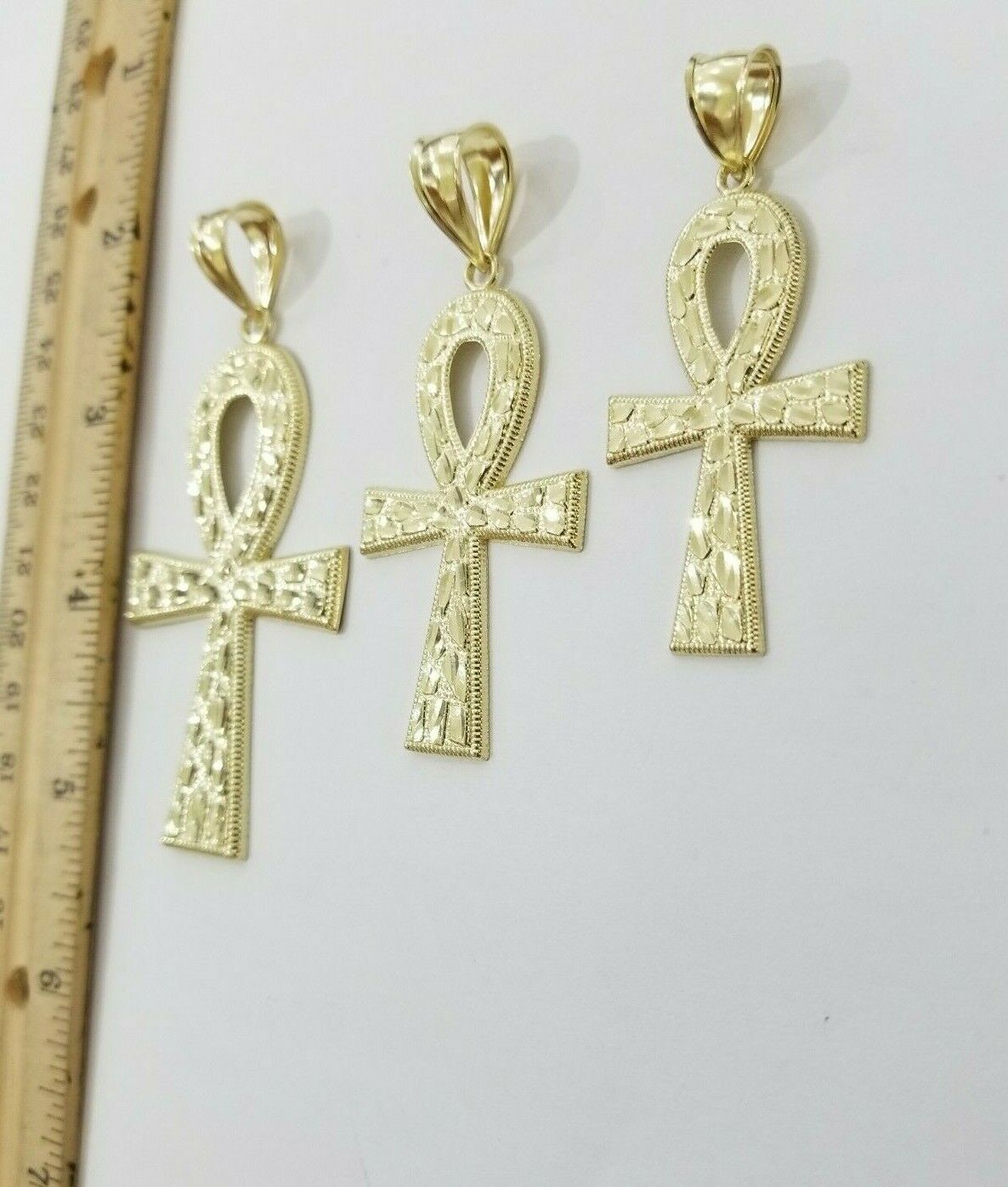 Real Gold Ankh Cross Charm Pendant 10k Yellow Gold Nugget Diamond Cuts Men Women - Reva Jeweler