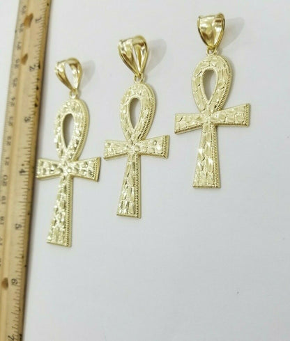 Real Gold Ankh Cross Charm Pendant 10k Yellow Gold Nugget Diamond Cuts Men Women - Reva Jeweler