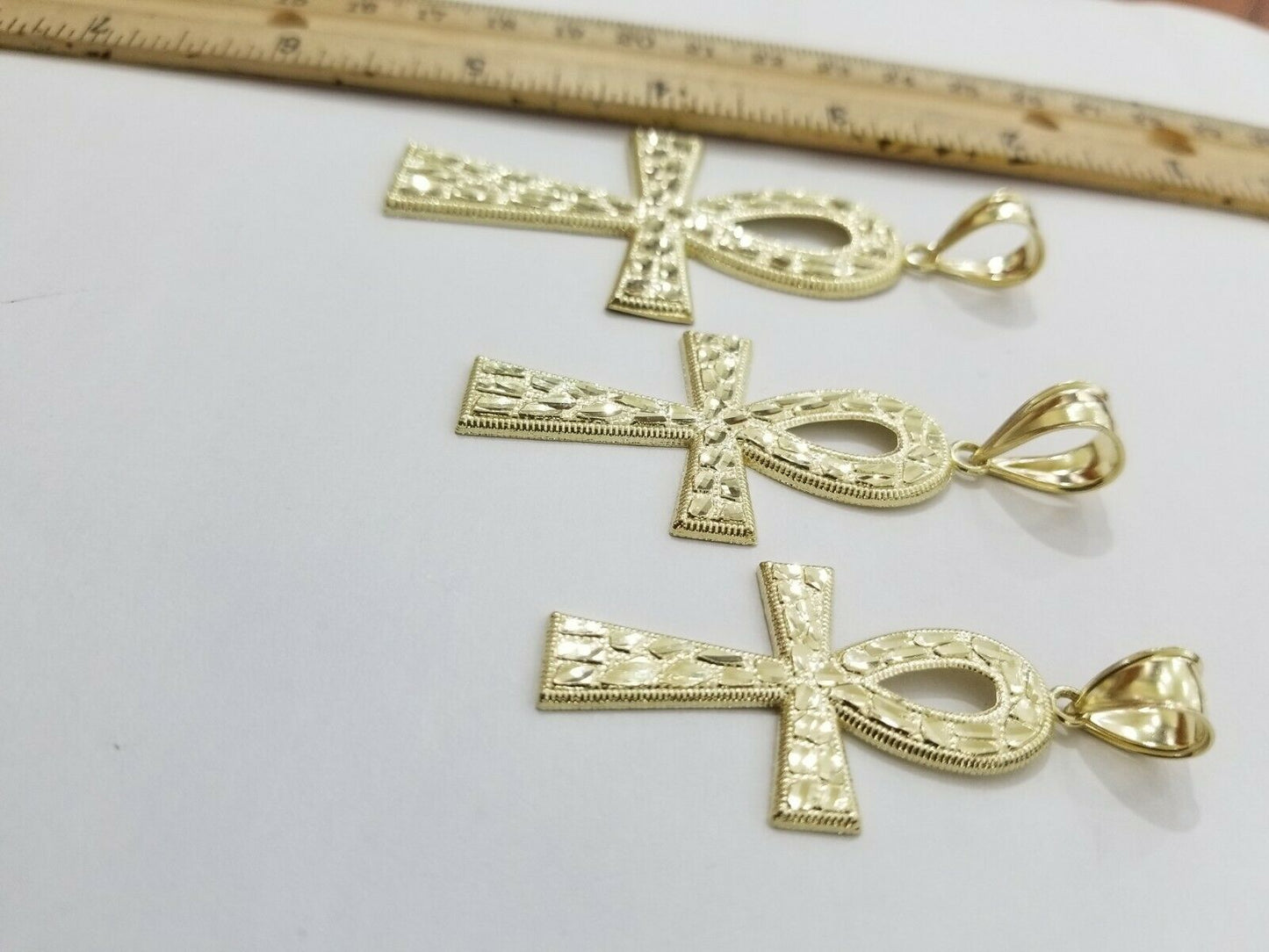 Real Gold Ankh Cross Charm Pendant 10k Yellow Gold Nugget Diamond Cuts Men Women - Reva Jeweler