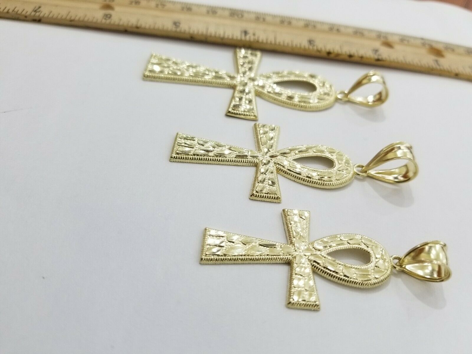 Real Gold Ankh Cross Charm Pendant 10k Yellow Gold Nugget Diamond Cuts Men Women - Reva Jeweler