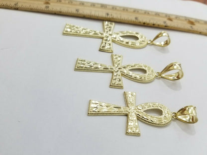 Real Gold Ankh Cross Charm Pendant 10k Yellow Gold Nugget Diamond Cuts Men Women - Reva Jeweler