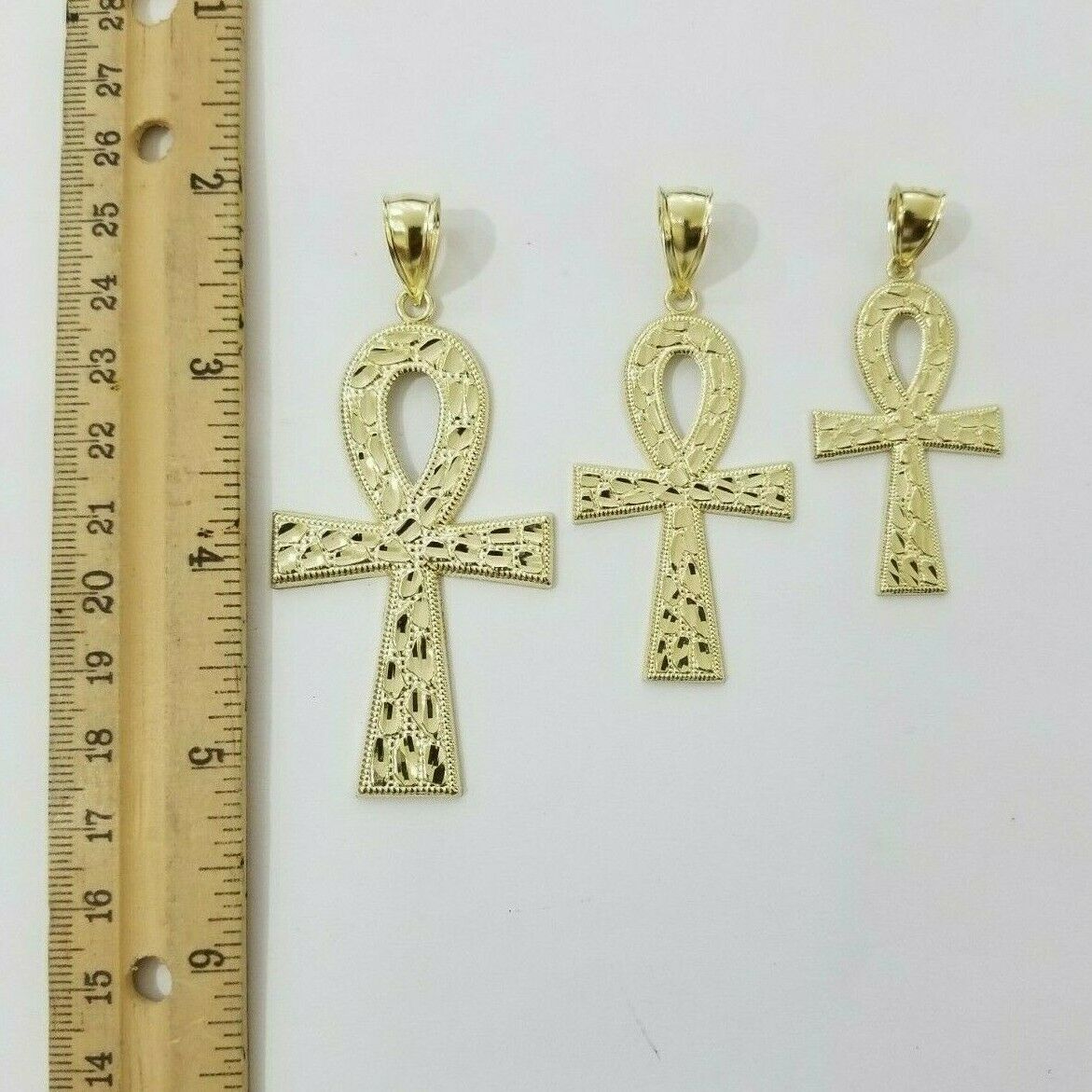 Real Gold Ankh Cross Charm Pendant 10k Yellow Gold Nugget Diamond Cuts Men Women - Reva Jeweler
