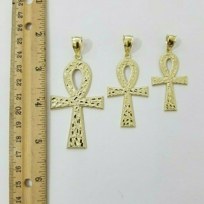 Real Gold Ankh Cross Charm Pendant 10k Yellow Gold Nugget Diamond Cuts Men Women - Reva Jeweler