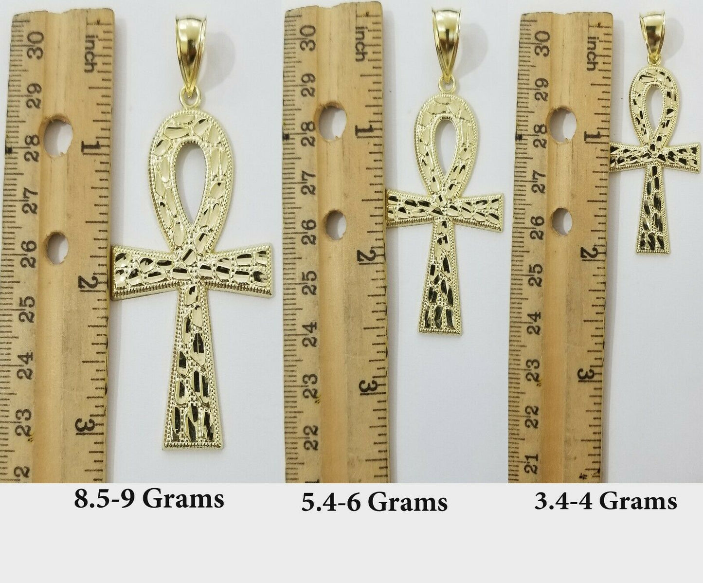 Real Gold Ankh Cross Charm Pendant 10k Yellow Gold Nugget Diamond Cuts Men Women - Reva Jeweler