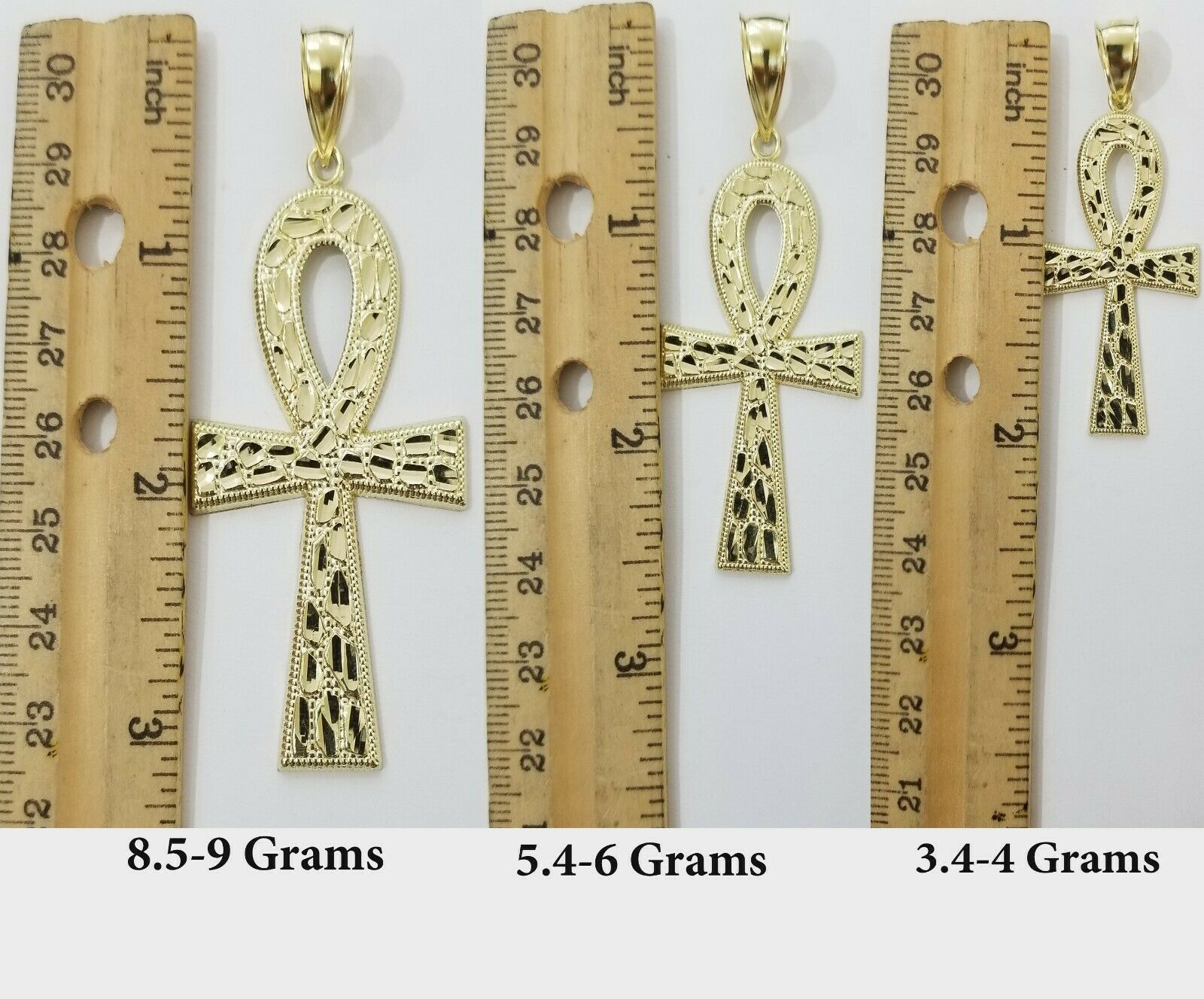 Real Gold Ankh Cross Charm Pendant 10k Yellow Gold Nugget Diamond Cuts Men Women - Reva Jeweler