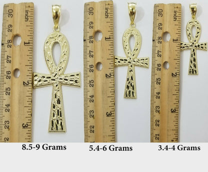 Real Gold Ankh Cross Charm Pendant 10k Yellow Gold Nugget Diamond Cuts Men Women - Reva Jeweler