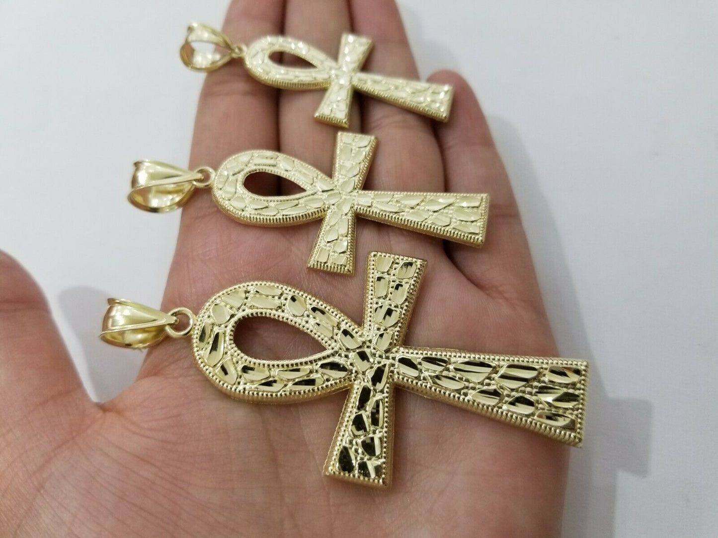 Real Gold Ankh Cross Charm Pendant 10k Yellow Gold Nugget Diamond Cuts Men Women - Reva Jeweler