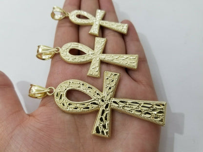 Real Gold Ankh Cross Charm Pendant 10k Yellow Gold Nugget Diamond Cuts Men Women - Reva Jeweler