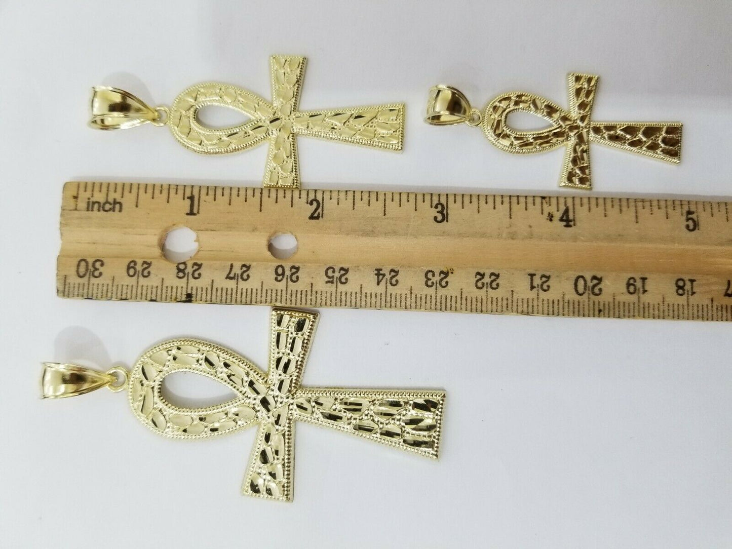 Real Gold Ankh Cross Charm Pendant 10k Yellow Gold Nugget Diamond Cuts Men Women - Reva Jeweler