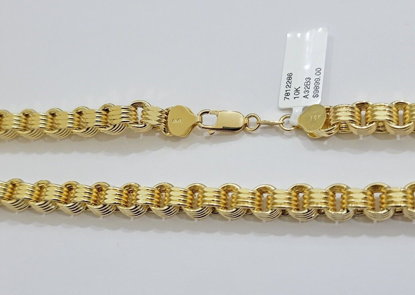 Real Gold Box Byzantine Chain Necklace 7.5mm 10K Yellow 22 Inches Men 10KT SALE - Reva Jeweler