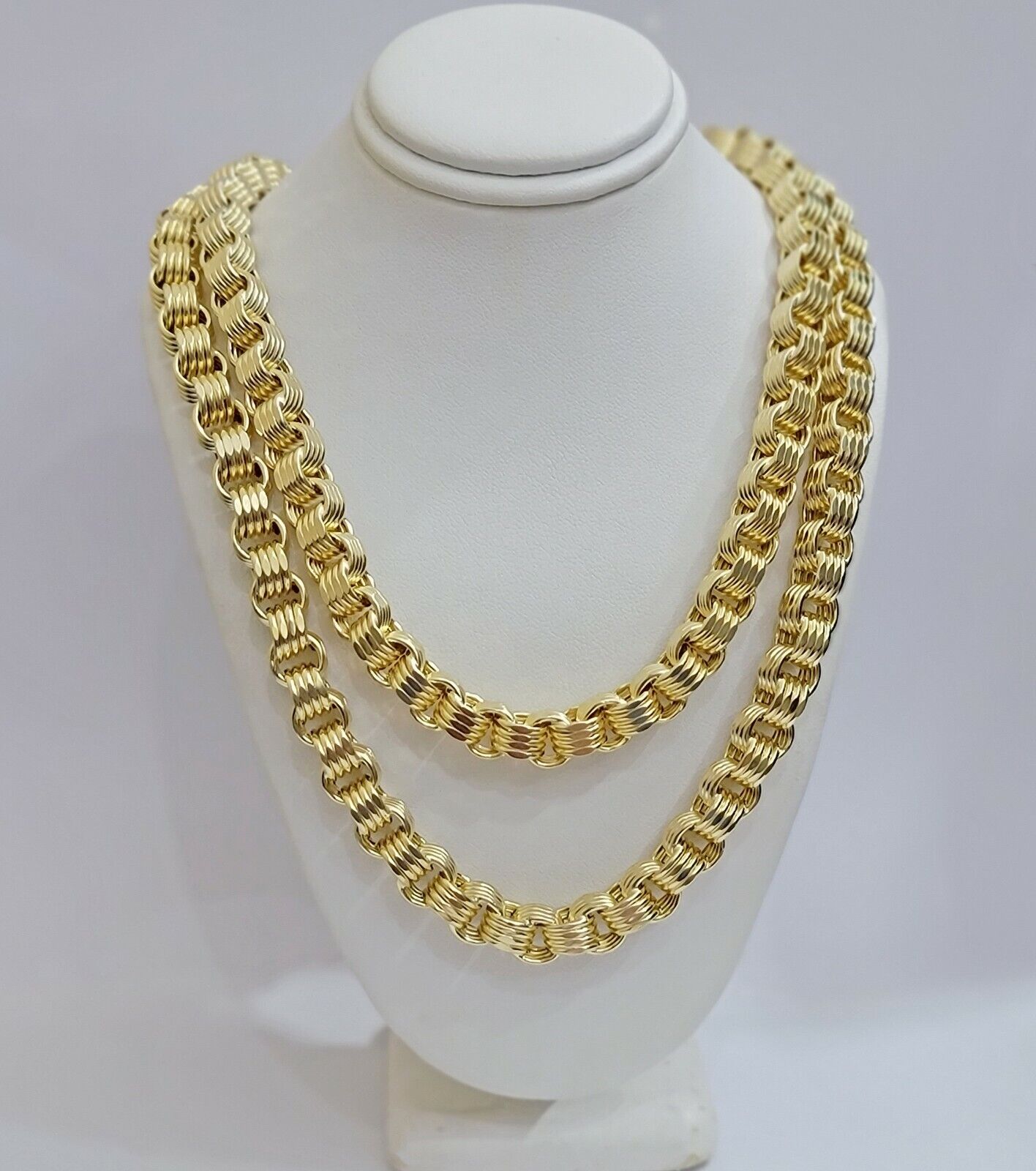 Real Gold Box Byzantine Chain Necklace 7.5mm 10K Yellow 22 Inches Men 10KT SALE - Reva Jeweler