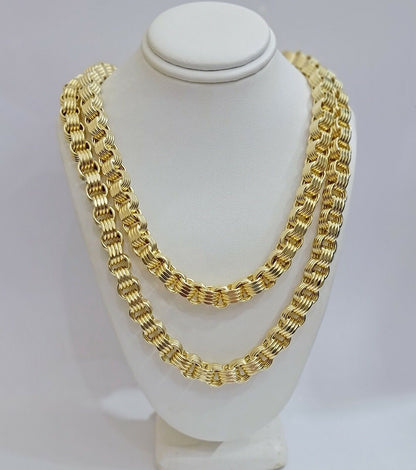Real Gold Box Byzantine Chain Necklace 7.5mm 10K Yellow 22 Inches Men 10KT SALE - Reva Jeweler