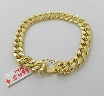 REAL GOLD Bracelet 9mm 14KT Cuban Link 8" Yellow 14kt Gold MENS Box Clasp Strong - Reva Jeweler