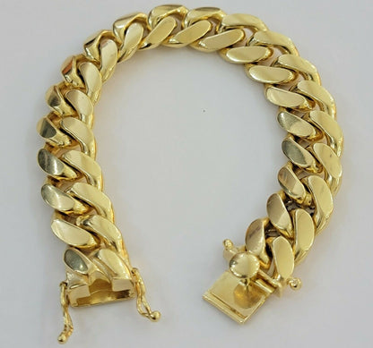 Real Gold Bracelet Solid 10k Mens Miami Cuban Link 13mm 10 kt Yellow Gold Box 8" - Reva Jeweler