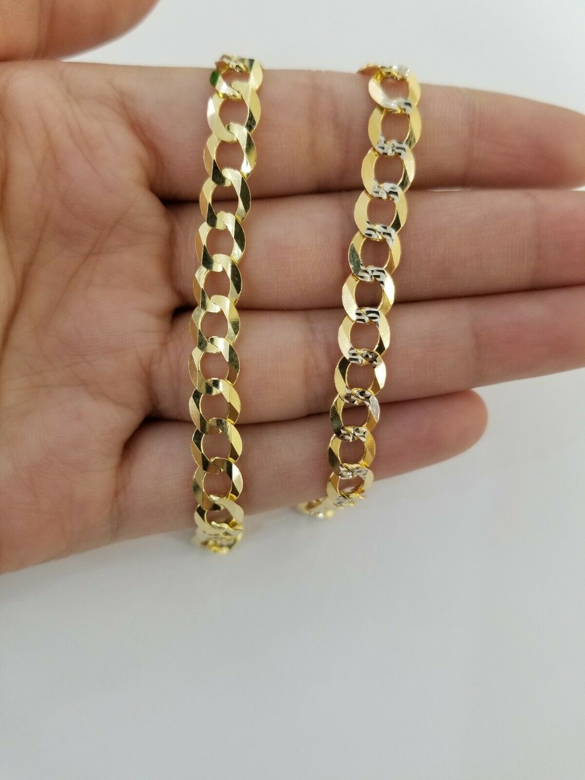 Real Gold Bracelet Solid 14k Cuban Curb Link FOR ladies 7.5" Diamond Cut 7.5mm - Reva Jeweler