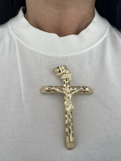 Real Gold Cross Charm Jesus christ pendant INRI crucifix 10k Yellow oro 2.4 Inch - Reva Jeweler