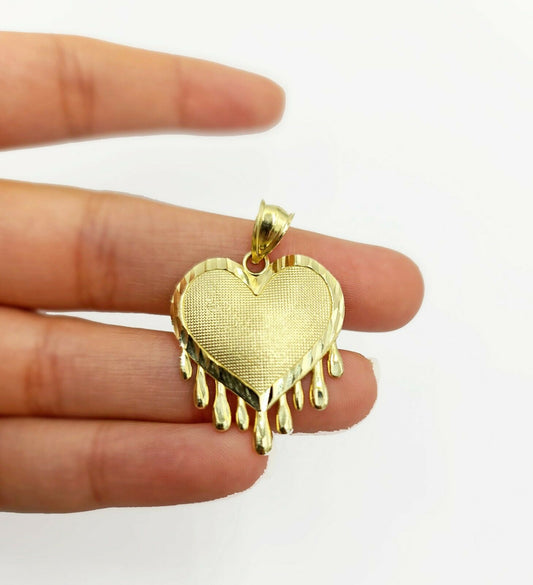Real Gold Heart Pendant ladies Charm 10KT Yellow Gold Dripping Heart Love Oro - Reva Jeweler