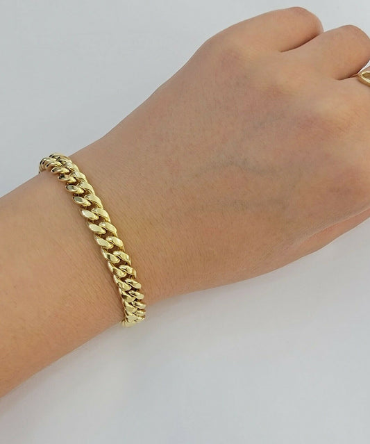 Real Gold Ladies Bracelet Miami Cuban Link 7" 8mm REAL 10kt Yellow Gold Women 10k - Reva Jeweler