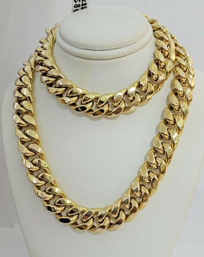 Real Gold Necklace Miami Cuban Link Chain THICK 13MM 20" - 30" 10KT Yellow Gld MEN - Reva Jeweler