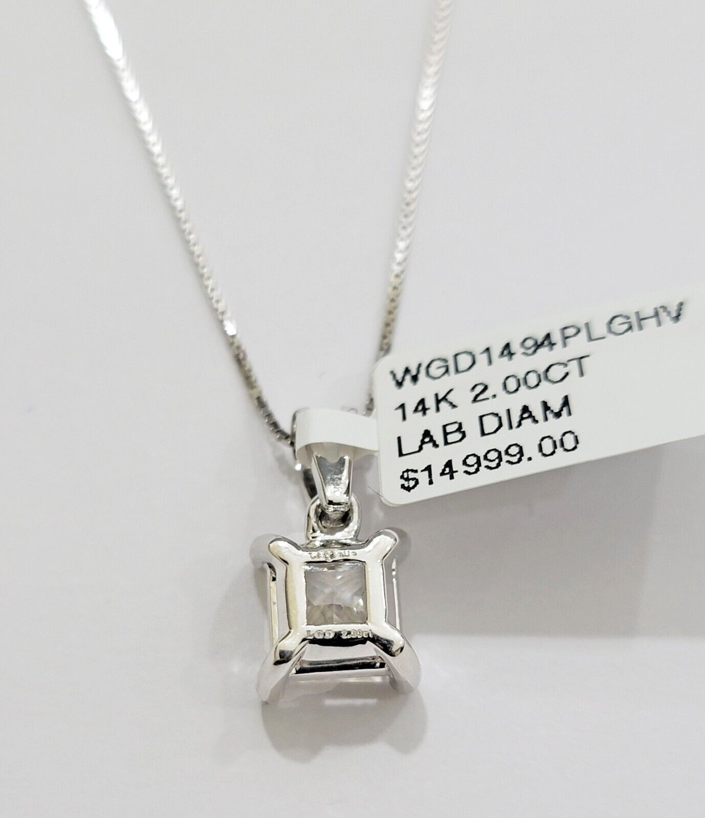 Real Ladies Diamond Solitaire Pendant 2CT 14k White Gold Princess Cut Lab - made - Reva Jeweler