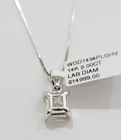 Real Ladies Diamond Solitaire Pendant 2CT 14k White Gold Princess Cut Lab - made - Reva Jeweler