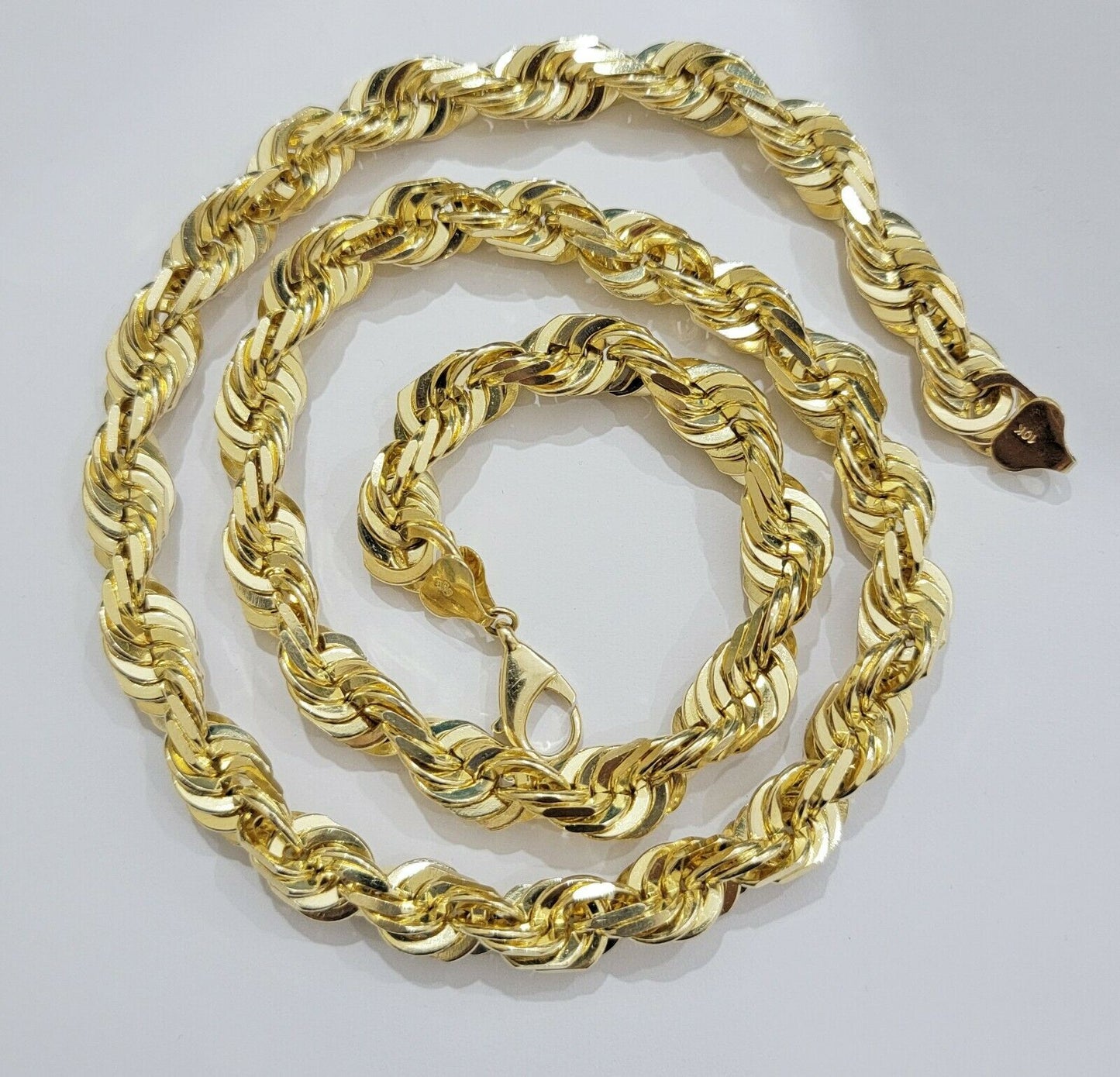 REAL Solid 10k Gold Rope Chain 10mm Necklace 20 22 24 26 Inch Long Diamond Cuts - Reva Jeweler