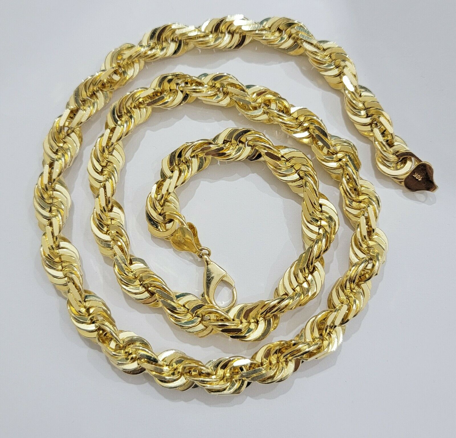 REAL Solid 10k Gold Rope Chain 10mm Necklace 20 22 24 26 Inch Long Diamond Cuts - Reva Jeweler