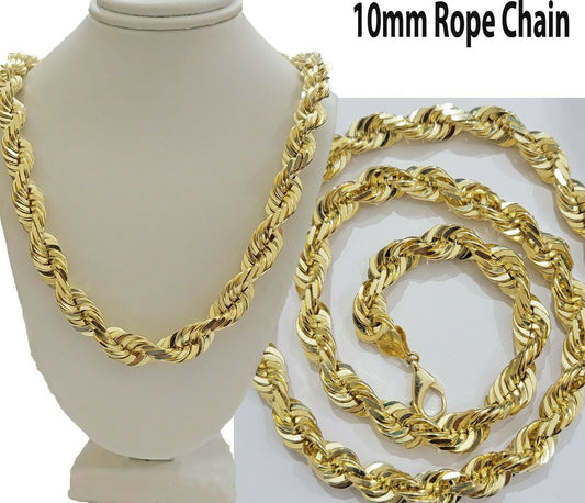 REAL Solid 10k Gold Rope Chain 10mm Necklace 20 22 24 26 Inch Long Diamond Cuts - Reva Jeweler