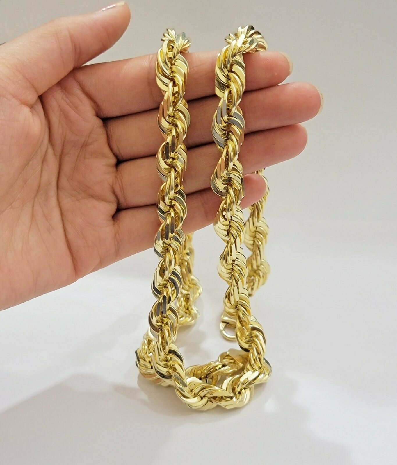 REAL Solid 10k Gold Rope Chain 10mm Necklace 20 22 24 26 Inch Long Diamond Cuts - Reva Jeweler
