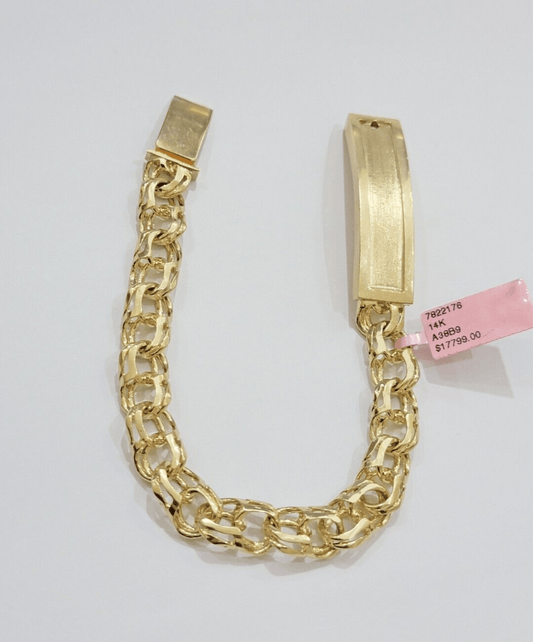 Real Solid 14kt Yellow Gold Chino ID Mens Name Plate Bracelet 10mm 8 Inches SALE - Reva Jeweler