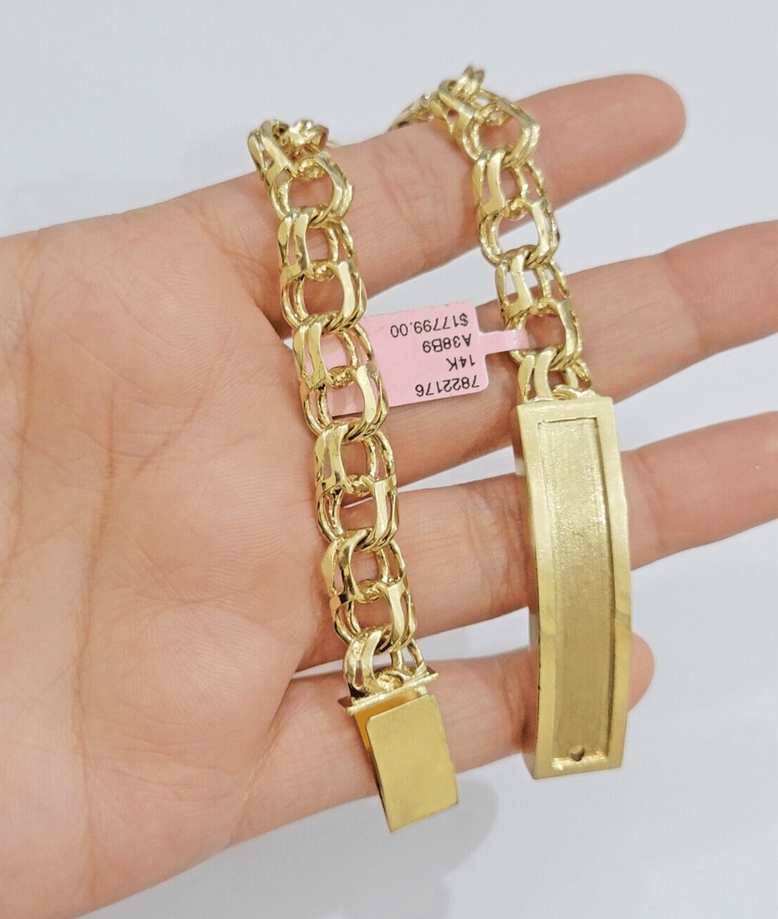 Real Solid 14kt Yellow Gold Chino ID Mens Name Plate Bracelet 10mm 8 Inches SALE - Reva Jeweler