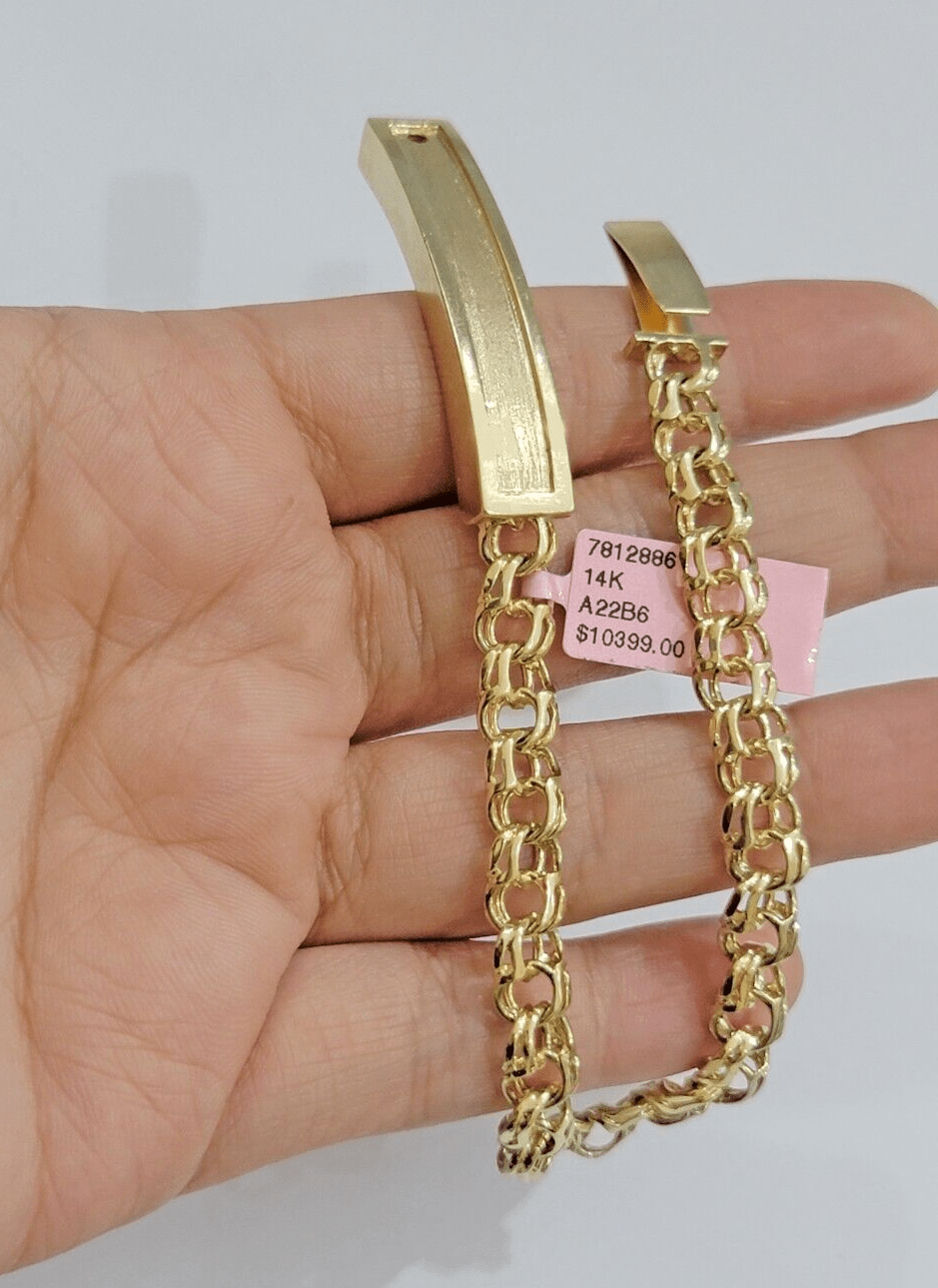 Real Solid 14kt Yellow Gold Chino ID Men's Name Plate Bracelet 8mm 8 Inches SALE - Reva Jeweler