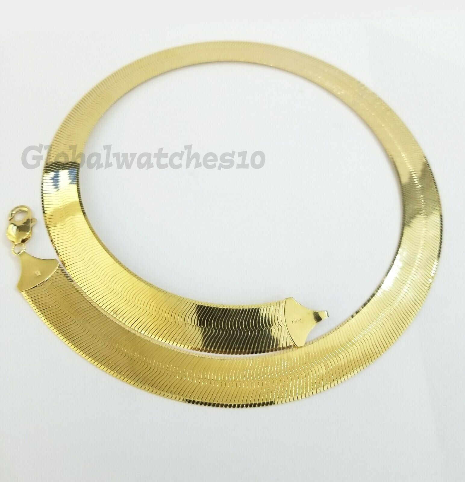 REAL10k 15mm Yellow Gold Herring Bone Chain Necklace 20" Lobster lock Men Women - Reva Jeweler