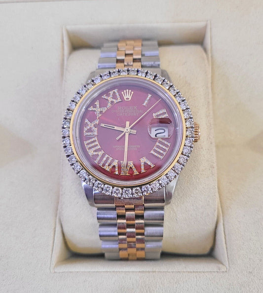 ROLEX Datejust Stainless Watch Red Roman Dial Diamond Bezel 36mm For Men - Revewa Jewlery