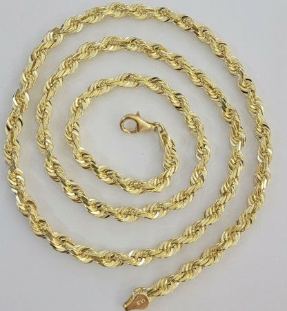 Rope Chain Necklace 5mm REAL 10kt Yellow Gold Solid link Diamond Cuts 22" Inch - Reva Jeweler