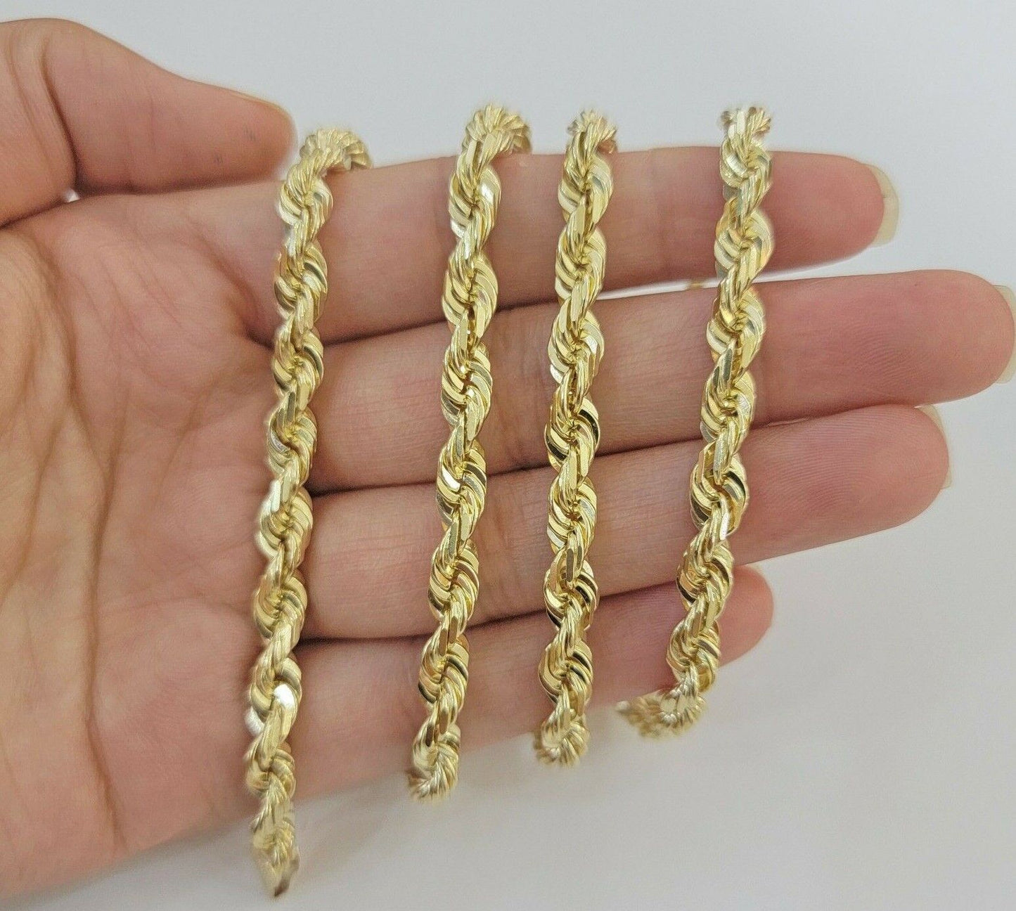 Rope Chain Necklace 5mm REAL 10kt Yellow Gold Solid link Diamond Cuts 22" Inch - Reva Jeweler