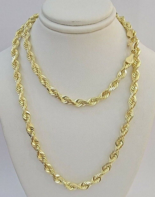 Rope Chain Necklace 5mm REAL 10kt Yellow Gold Solid link Diamond Cuts 22" Inch - Reva Jeweler