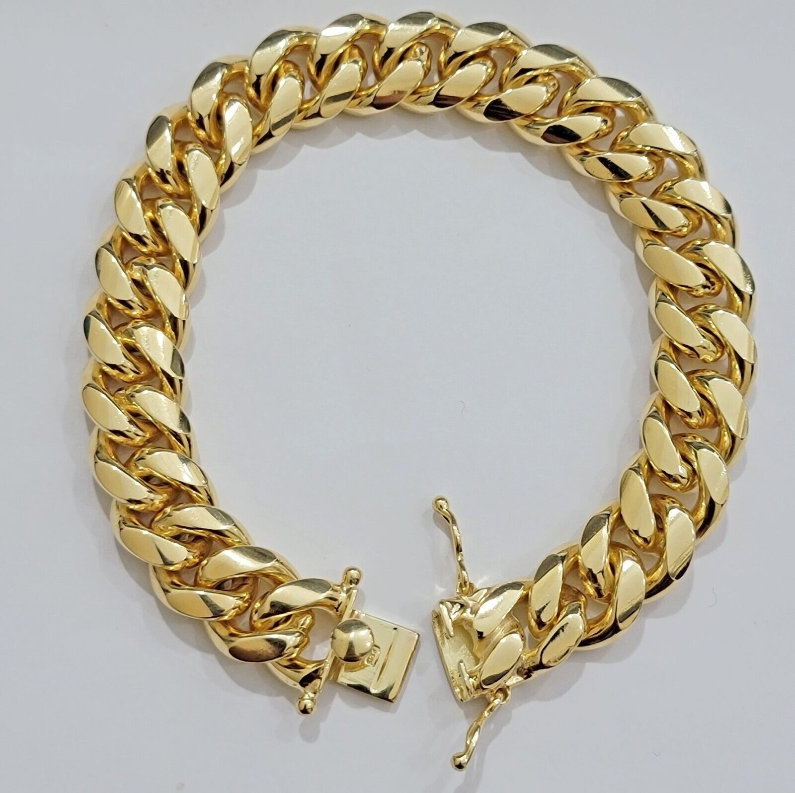 Solid 10k Gold Bracelet Miami Cuban Link 12mm 8" Inch Box Clasp SOLID LINK, Mens - Reva Jeweler