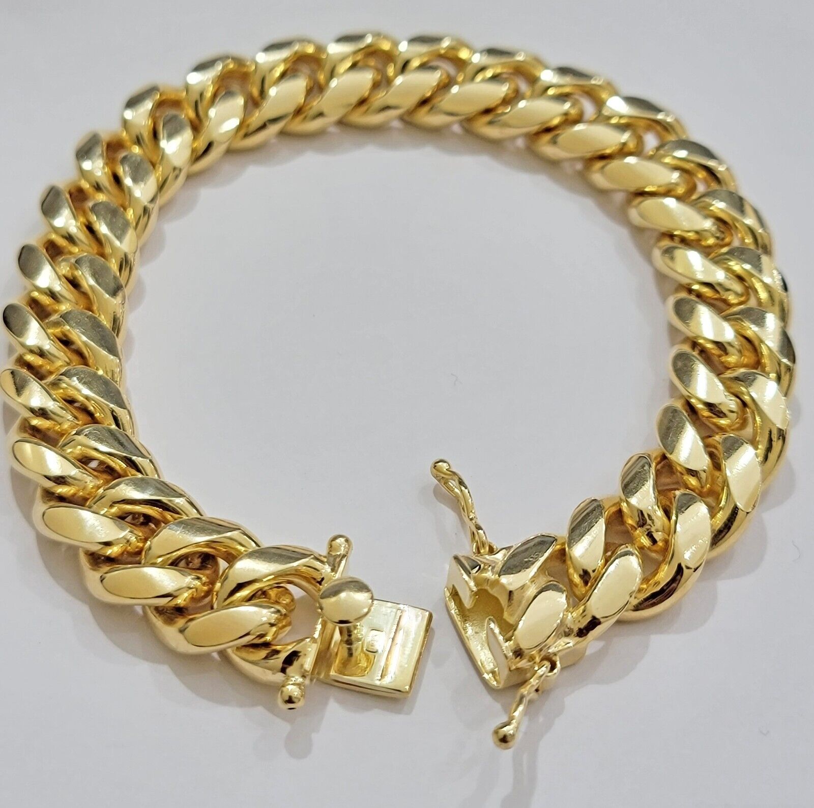 Solid 10k Gold Bracelet Miami Cuban Link 12mm 8" Inch Box Clasp SOLID LINK, Mens - Reva Jeweler