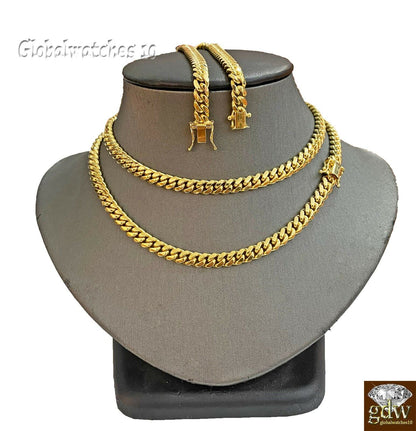Solid 10k Gold Miami Cuban Link Chain Necklace & Bracelet Set Box Lock Men Heavy - Reva Jeweler