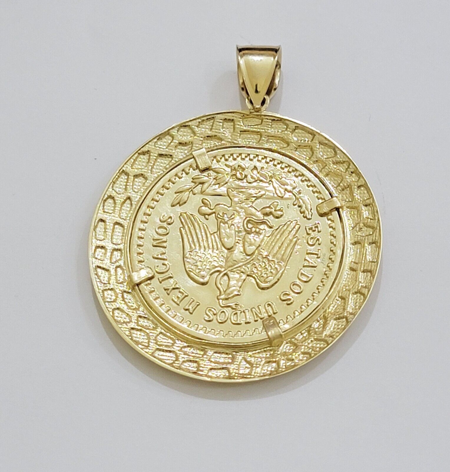 Solid 10k Gold Pendant Replica Nugget 50 Peso 1947 Mexican Centenaro Charm Style - Reva Jeweler