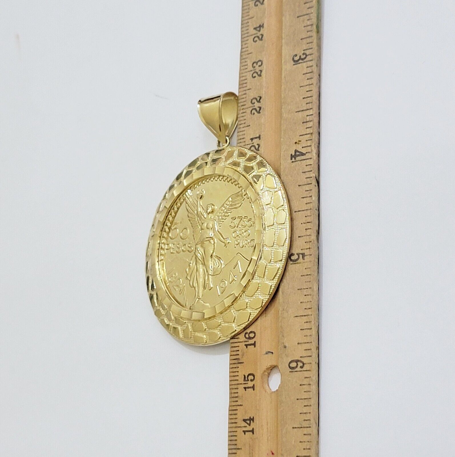 Solid 10k Gold Pendant Replica Nugget 50 Peso 1947 Mexican Centenaro Charm Style - Reva Jeweler