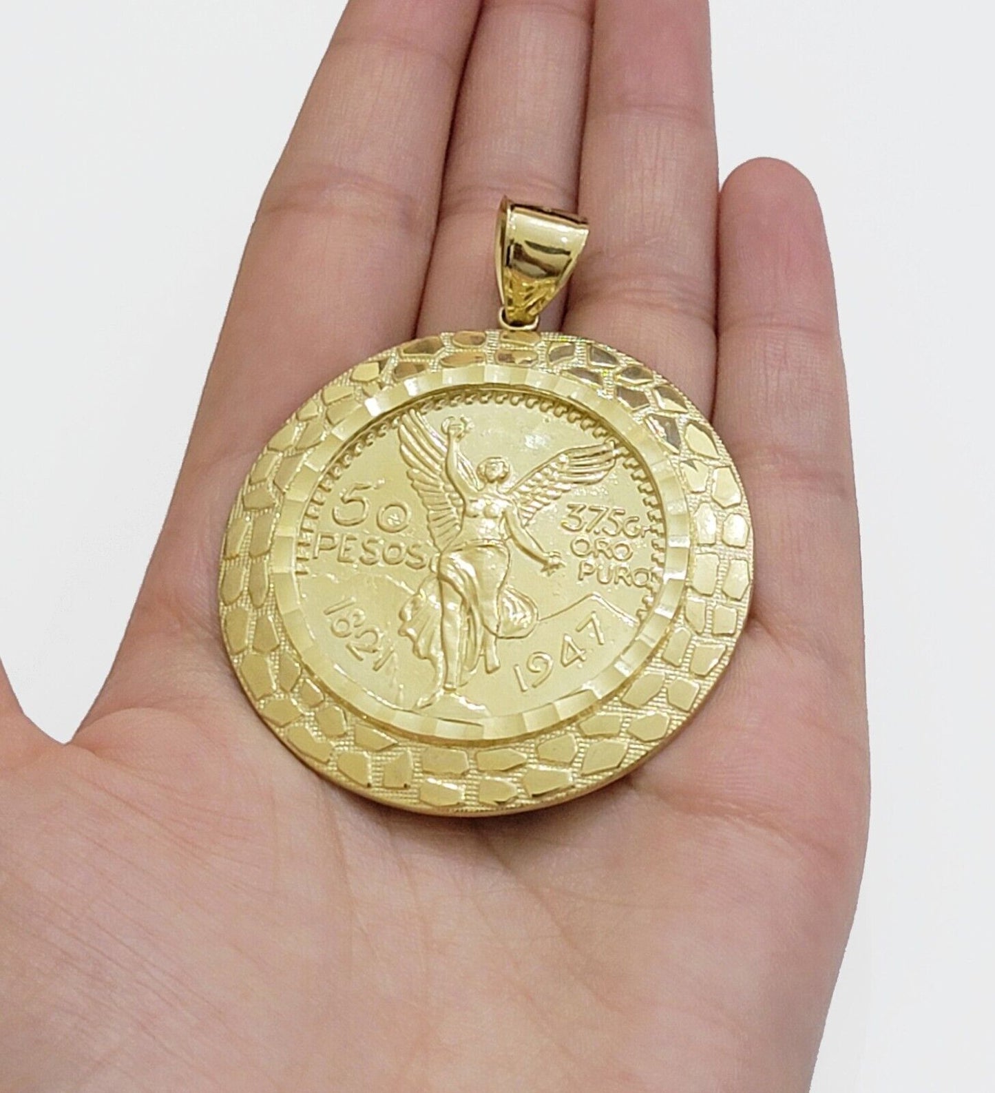 Solid 10k Gold Pendant Replica Nugget 50 Peso 1947 Mexican Centenaro Charm Style - Reva Jeweler