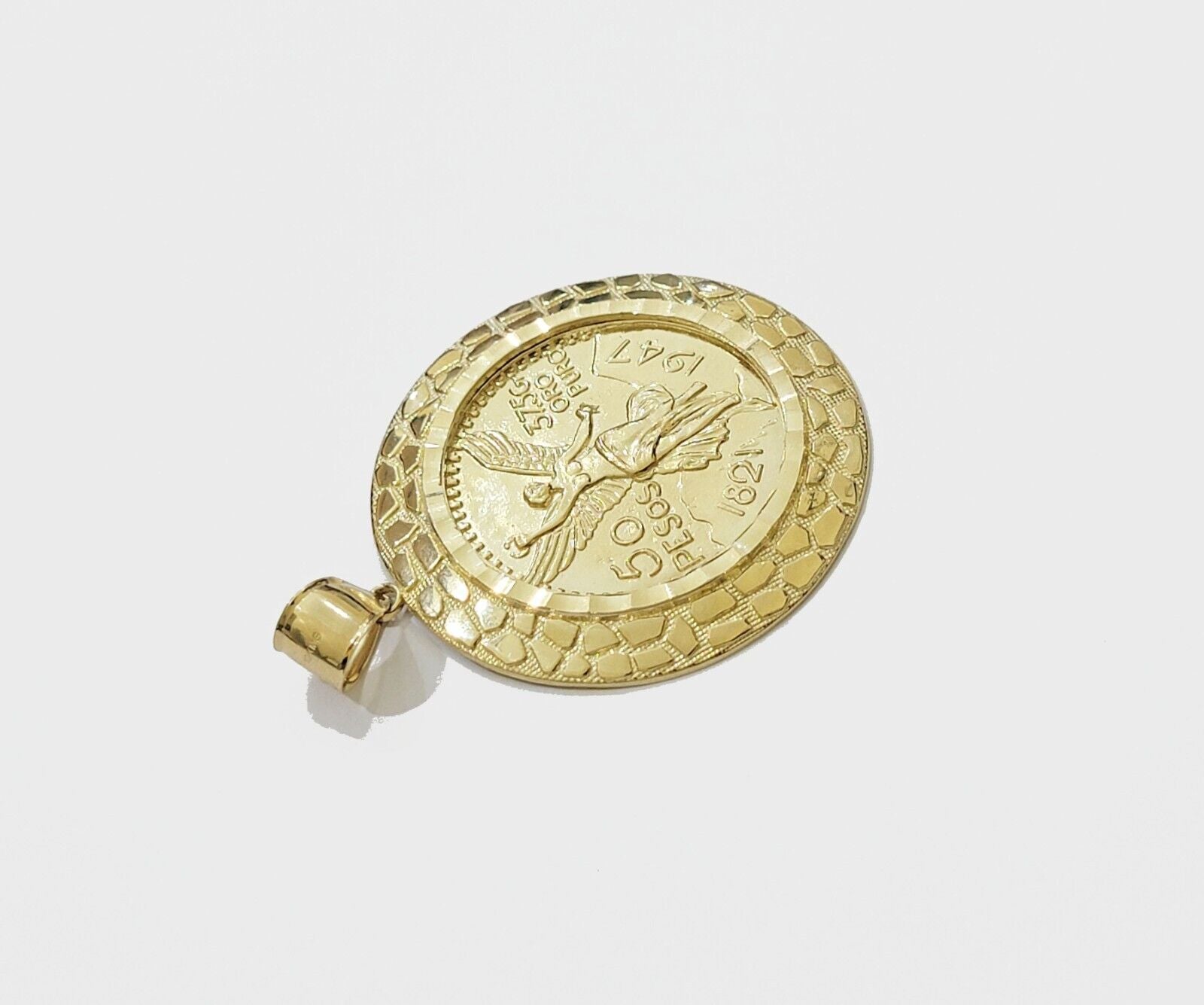 Solid 10k Gold Pendant Replica Nugget 50 Peso 1947 Mexican Centenaro Charm Style - Reva Jeweler