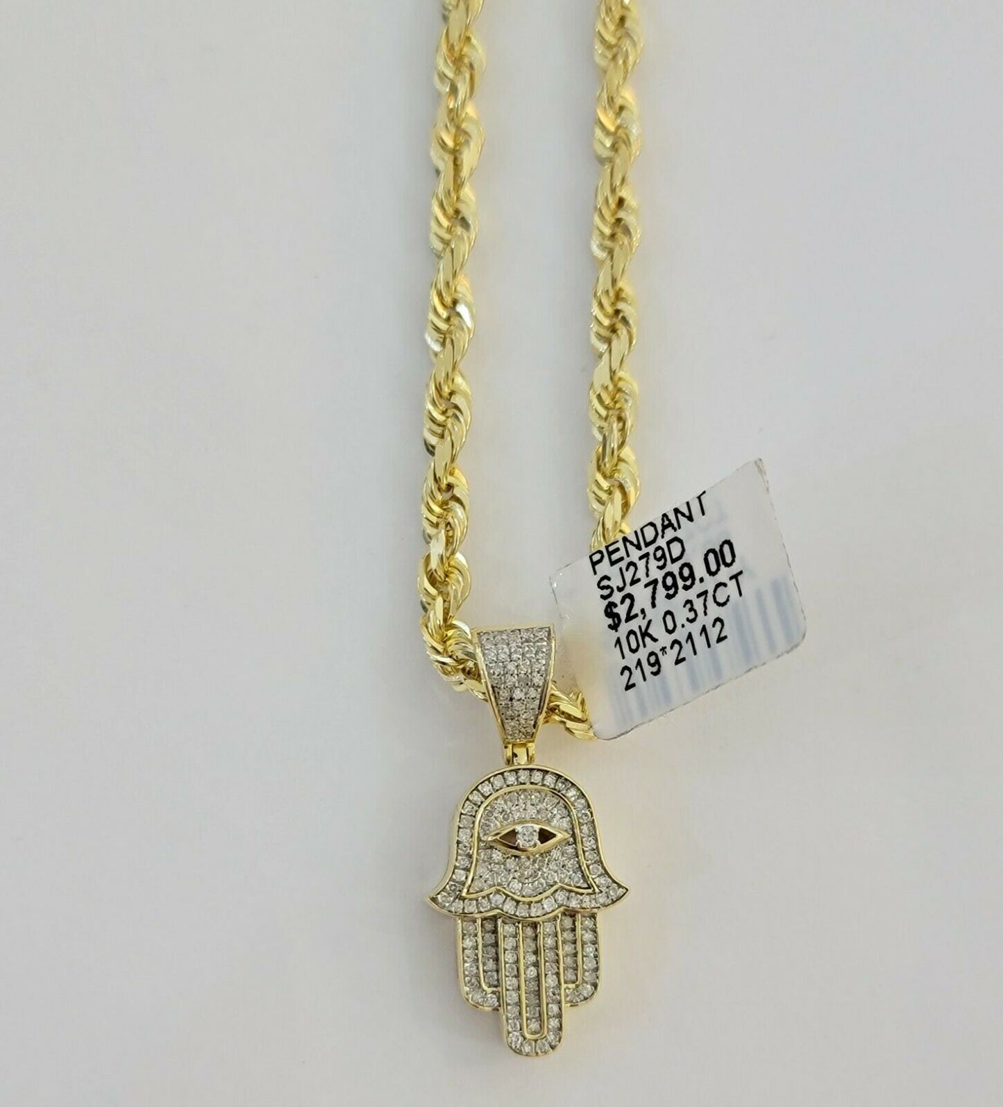 Solid 10k Gold Rope Chain Diamond Pendant Hamza Hand Charm Necklace 22" SET REAL - Reva Jeweler