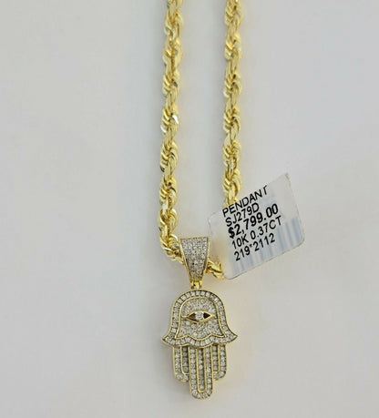 Solid 10k Gold Rope Chain Diamond Pendant Hamza Hand Charm Necklace 22" SET REAL - Reva Jeweler